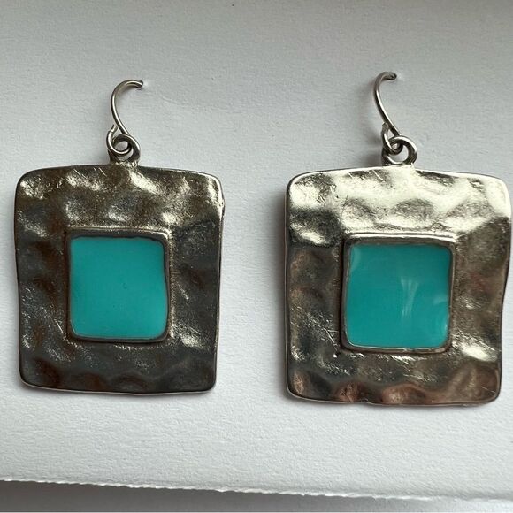 Silver Tone Pierced Earrings with Turquoise Colored Stone - Picture 7 of 10